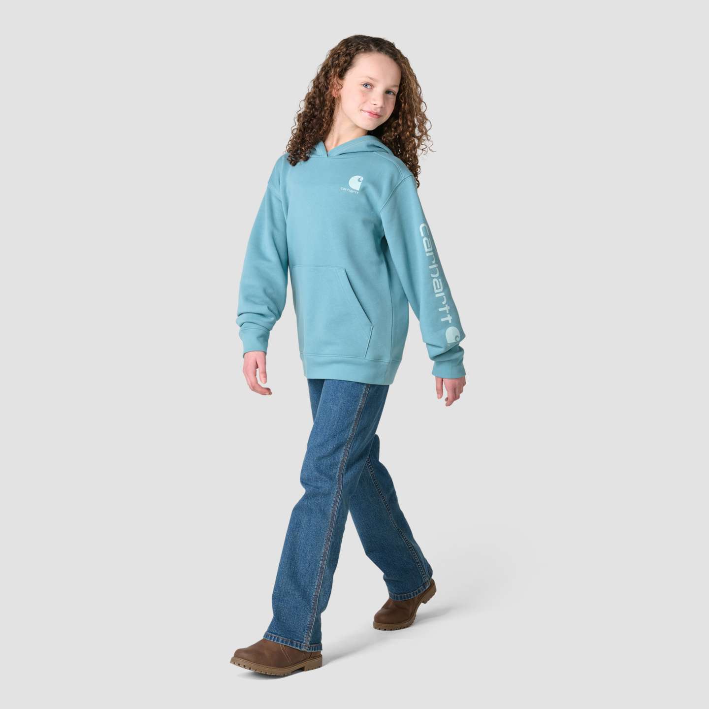 Свитшот Carhartt Long Sleeve Hooded Logo Sweatshirt (Child/Youth) для девочек, цвет: Минеральный синий — фото 3