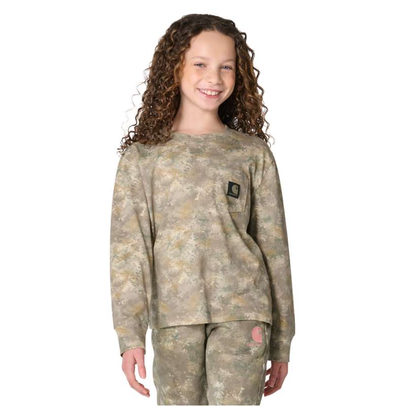 Carhartt  Faded Cobblestone Vintage Camo Girls' Long Sleeve Core Logo T-Shirt (Toddler/Child/Youth)