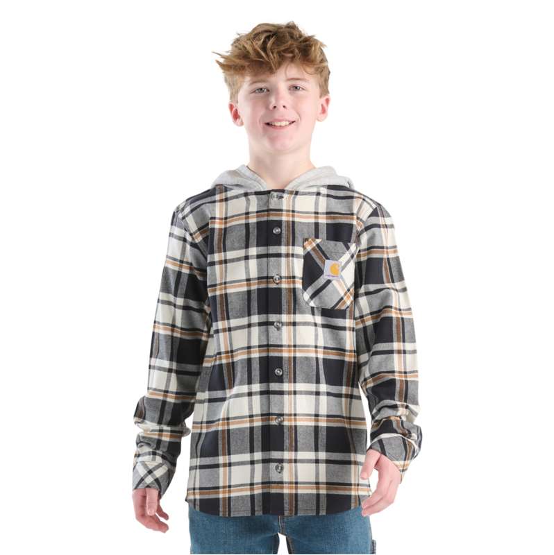 Carhartt  Black Boys' Long Sleeve Hooded Flannel Button-Front Shirt (Child/Youth)