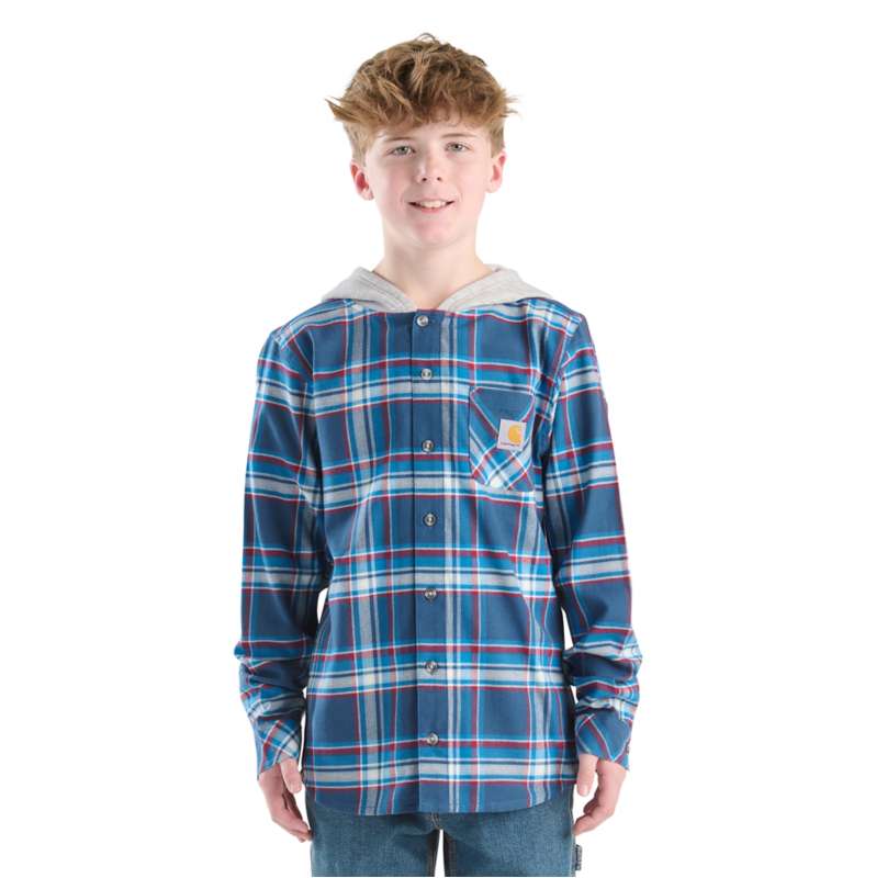 Carhartt  Deep Lagoon Boys' Long Sleeve Hooded Flannel Button-Front Shirt (Child/Youth)
