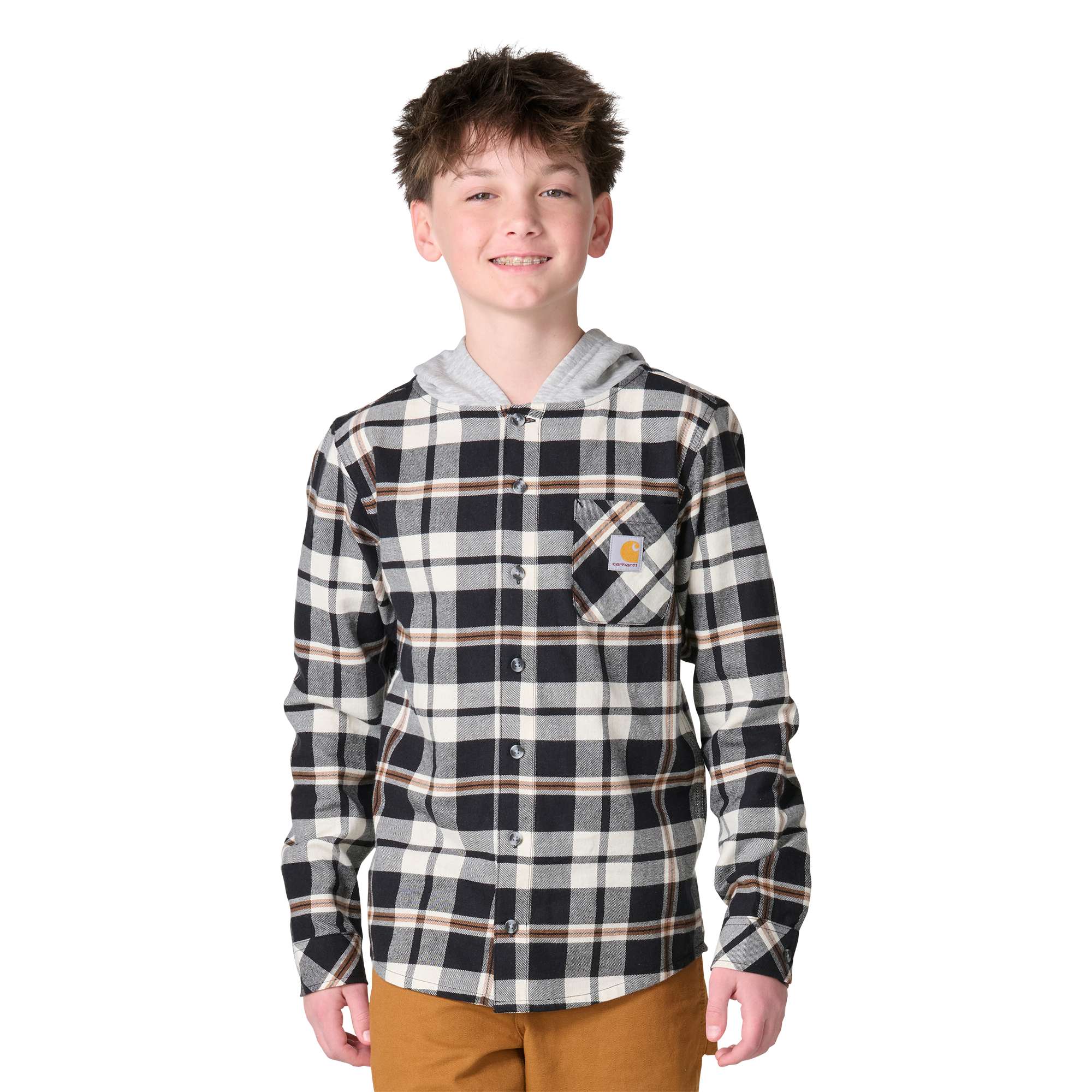 Additional thumbnail 1 of Boys' Long Sleeve Flannel Button-Front Hooded Shirt (Child/Youth)
