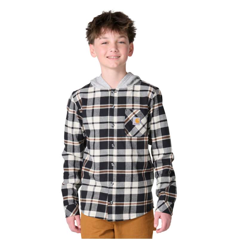 Carhartt  Black Boys' Long Sleeve Flannel Button-Front Hooded Shirt (Child/Youth)