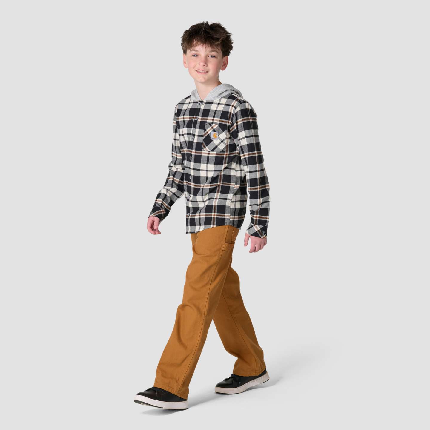 Рубашка Carhartt Long Sleeve Flannel Button-Front Hooded Shirt (Child/Youth) для мальчиков, цвет: Чёрный — фото 3