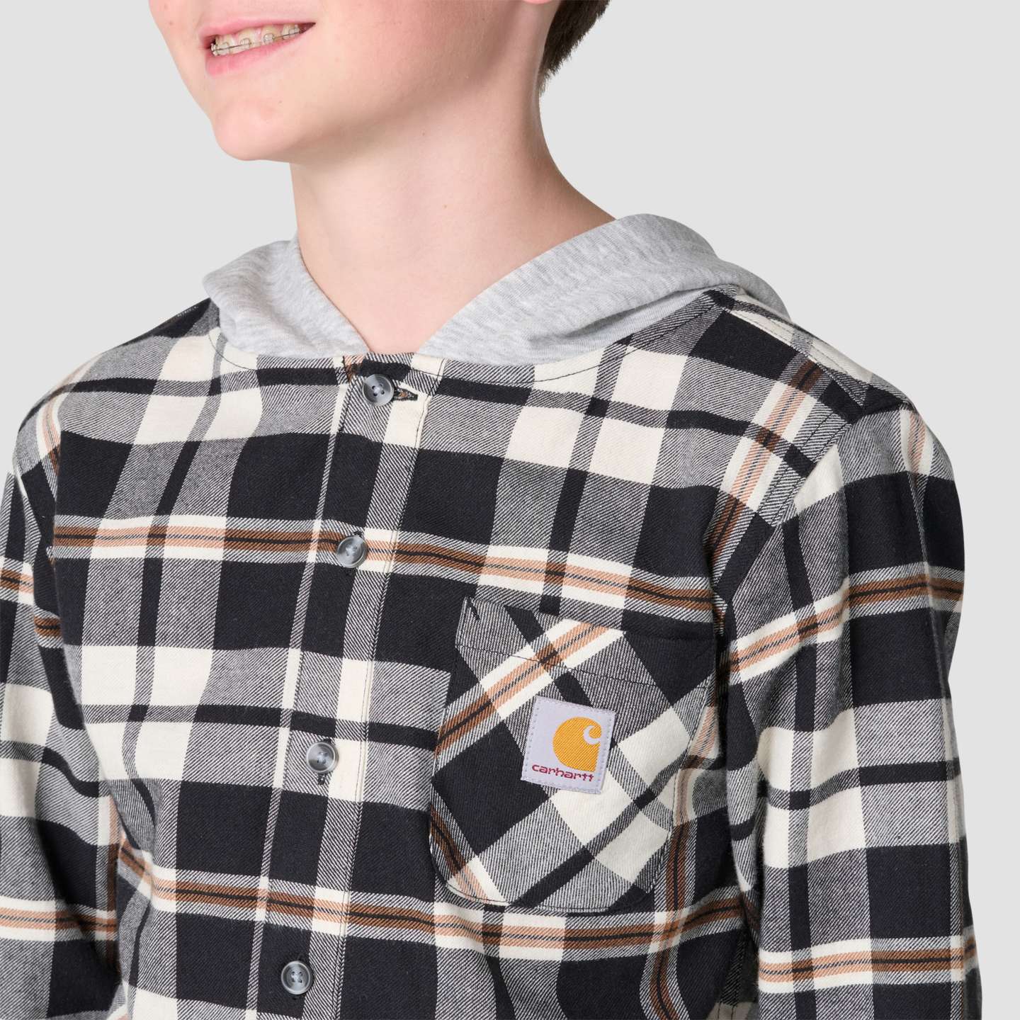 Рубашка Carhartt Long Sleeve Flannel Button-Front Hooded Shirt (Child/Youth) для мальчиков, цвет: Чёрный — фото 6