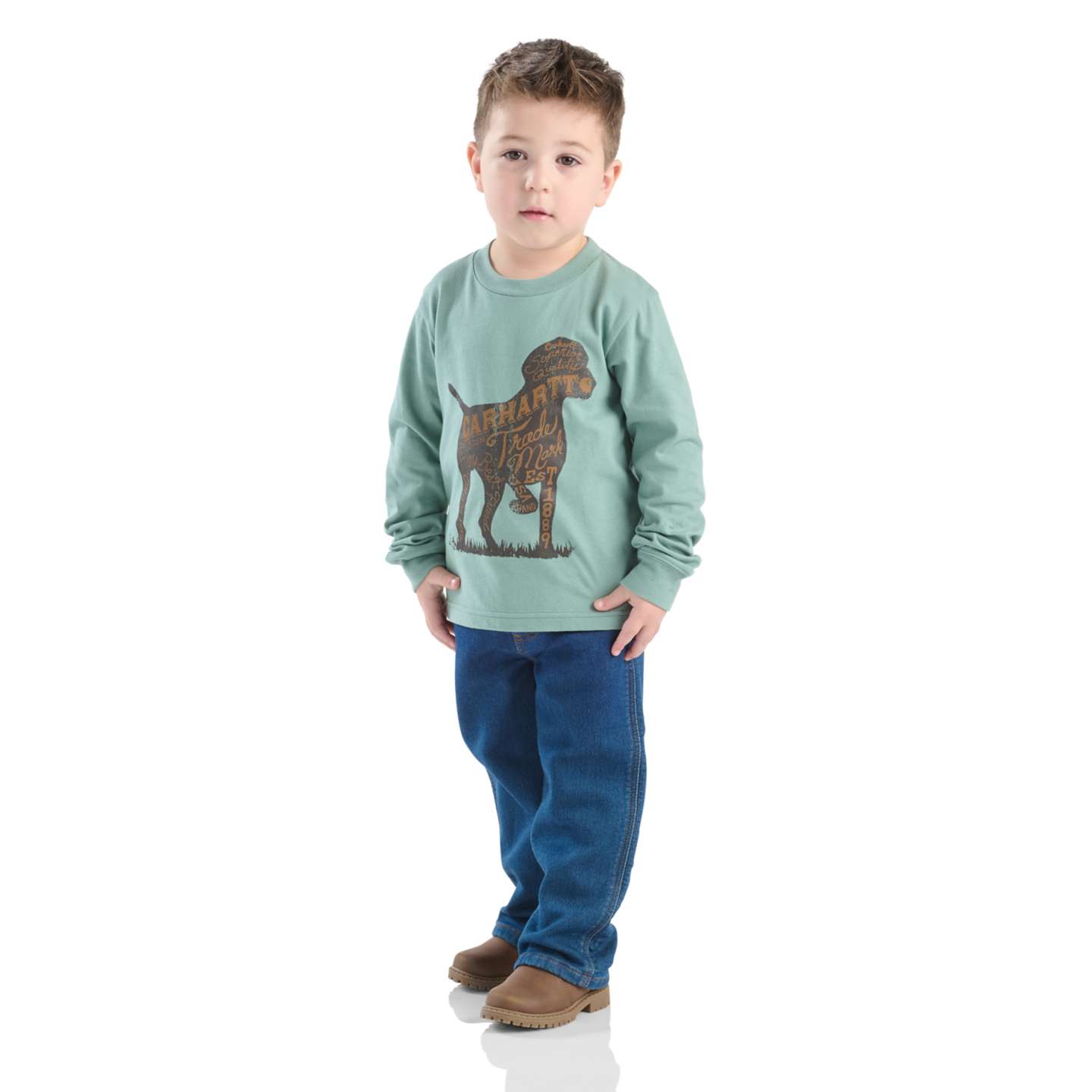 Комплект Carhartt 2-Piece Long Sleeve Dog T-Shirt & Denim Pant Set для мальчиков-малышей, цвет: Джинсовая средняя варка — фото 3