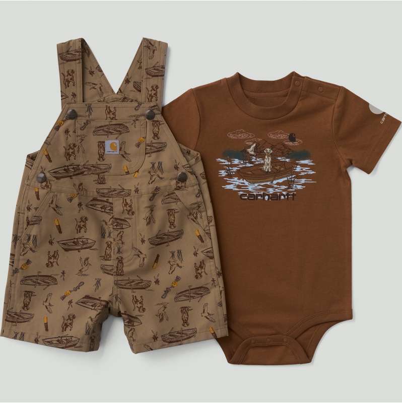 Carhartt  Sandstone Boys' 2-Piece Short Sleeve Bodysuit & Canvas Printed Shortall Set (Baby)