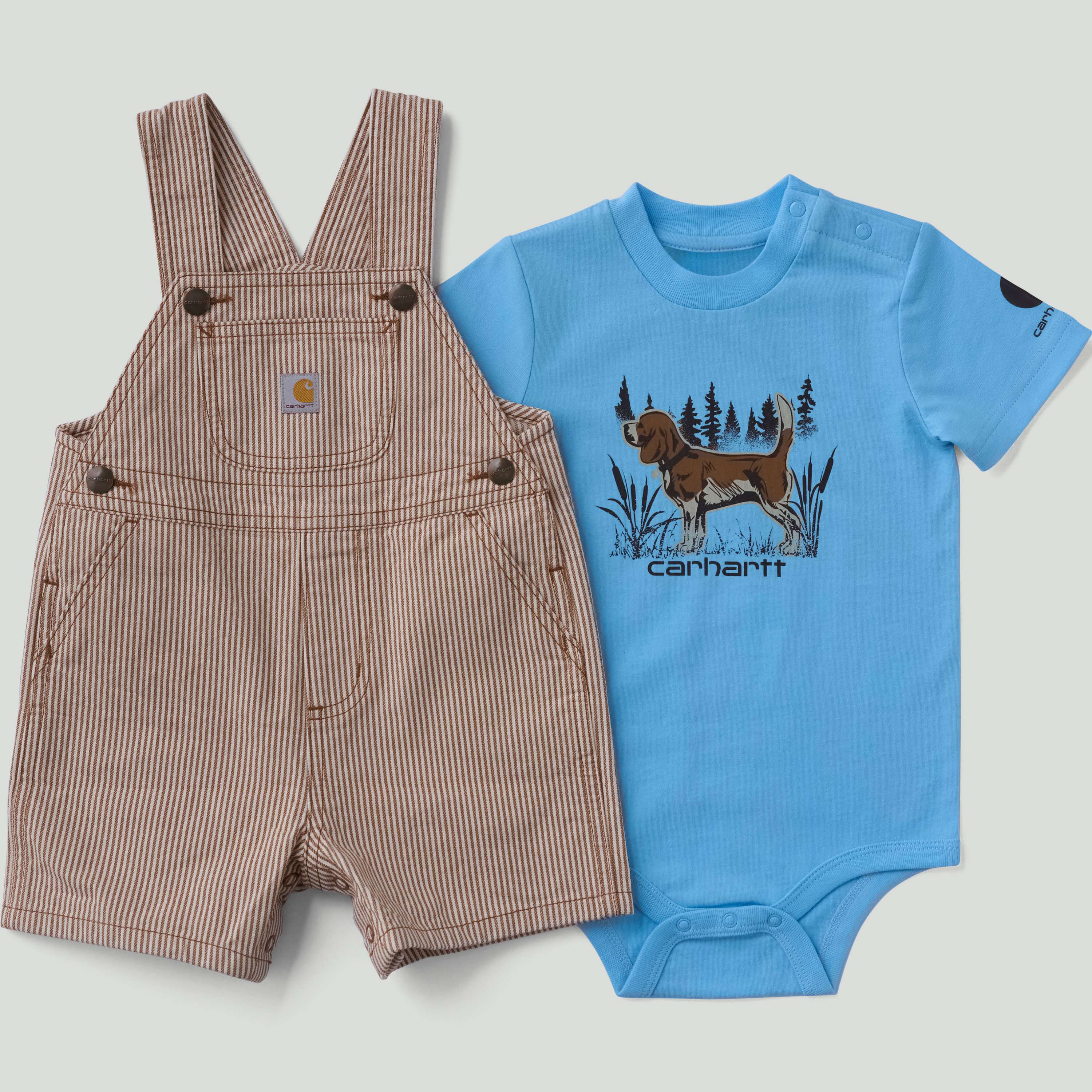 Carhartt Boys' 2-Piece Short Sleeve Bodysuit & Brown Stripe Shortall Set (Baby)