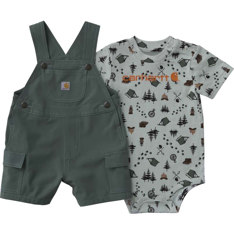 Carhartt  Vintage Green Boys' 2-Piece Short Sleeve Bodysuit & Cargo Pocket Shortall Set (Baby)