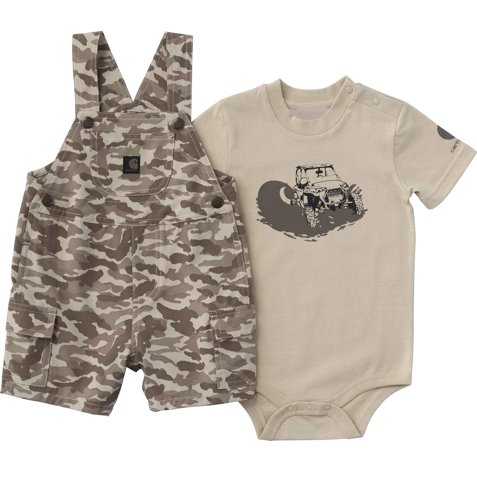 Carhartt Boys' 2-Piece Short Sleeve Bodysuit & Camo Cargo Pocket Shortall Set (Baby)