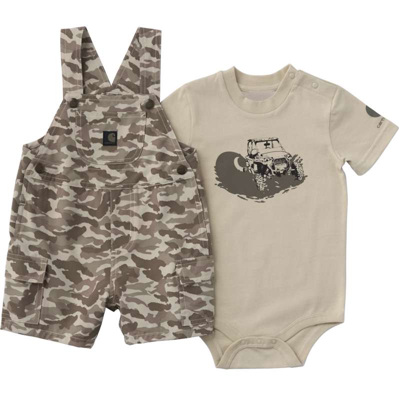Carhartt  Brown Duck Boys' 2-Piece Short Sleeve Bodysuit & Camo Cargo Pocket Shortall Set (Baby)
