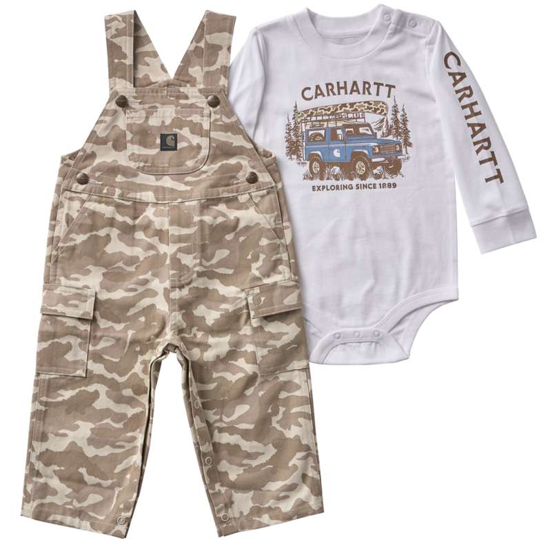 Carhartt  Beige Boys' 2-Piece Long Sleeve Bodysuit & Printed Canvas Overall Set (Baby)