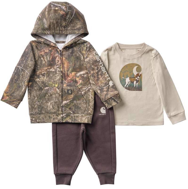 Carhartt  Mustang Brown Boys' 3-Piece Long Sleeve T-Shirt, Full-Zip Hooded Camo Jacket & Fleece Pant Set (Baby)