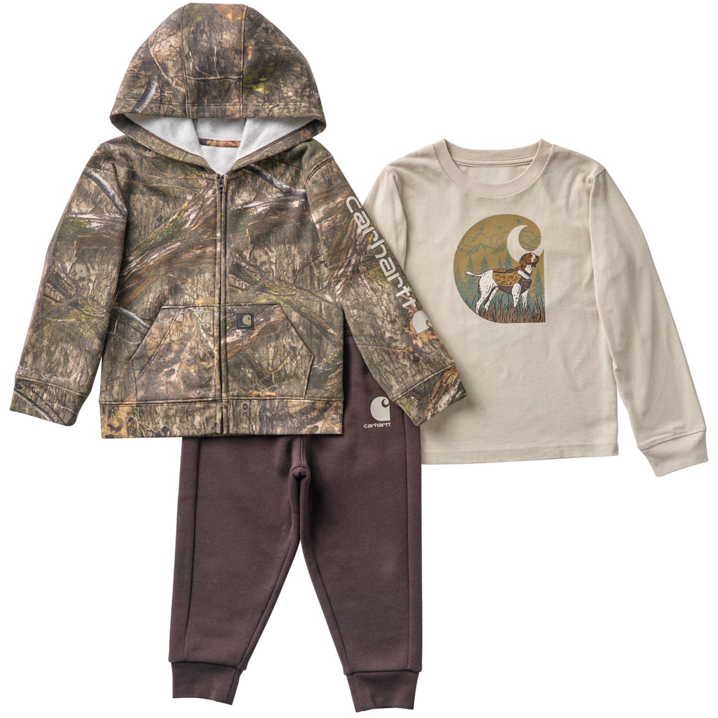 Комплект Carhartt 3-Piece Long Sleeve T-Shirt, Full-Zip Hooded Camo Jacket & Fleece Pant Set для мальчиков-малышей, цвет: Коричневый — фото 2