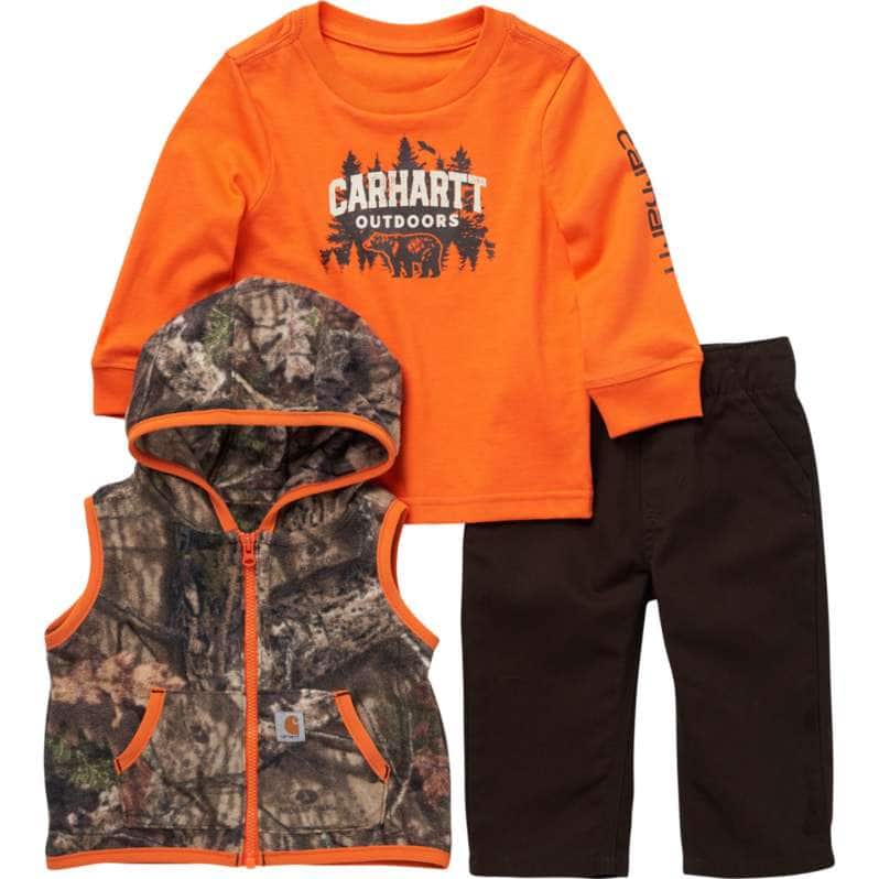Carhartt  Mustang Brown Boys' 3-Piece Long Sleeve Graphic Tee, Fleece Hooded Vest & Canvas Work Pant Set