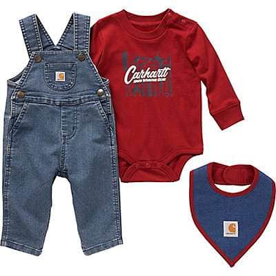 Carhartt Infant boy Denim Medium Wash Boys' Long-Sleeve Tool Bodysuit, Knit Denim Overall and Food Bib 3-Piece Set