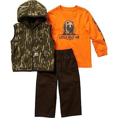 Carhartt Infant boy Mustang Brown Boys' Long-Sleeve Bear T-Shirt, Fleece Camo Vest and Canvas Pant 3-Piece Set