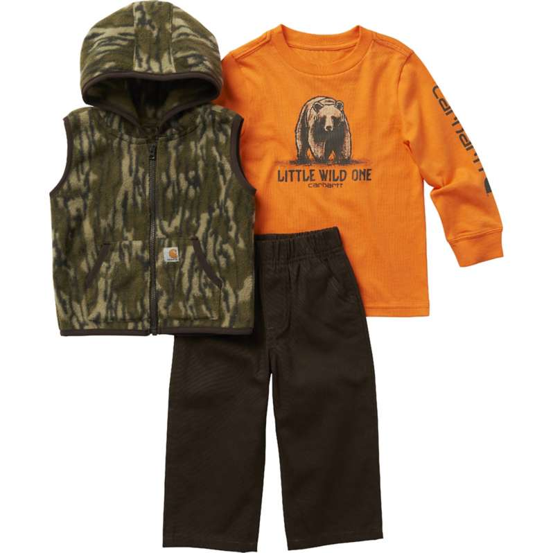 Carhartt  Mustang Brown Boys' Long-Sleeve Bear T-Shirt, Fleece Camo Vest and Canvas Pant 3-Piece Set