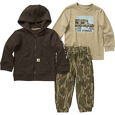 Carhartt Infant boy Mossy Oak Bottomland Camo Boys' Long-Sleeve Graphic T-Shirt, Fleece Jacket and Canvas Pant 3-Piece Set