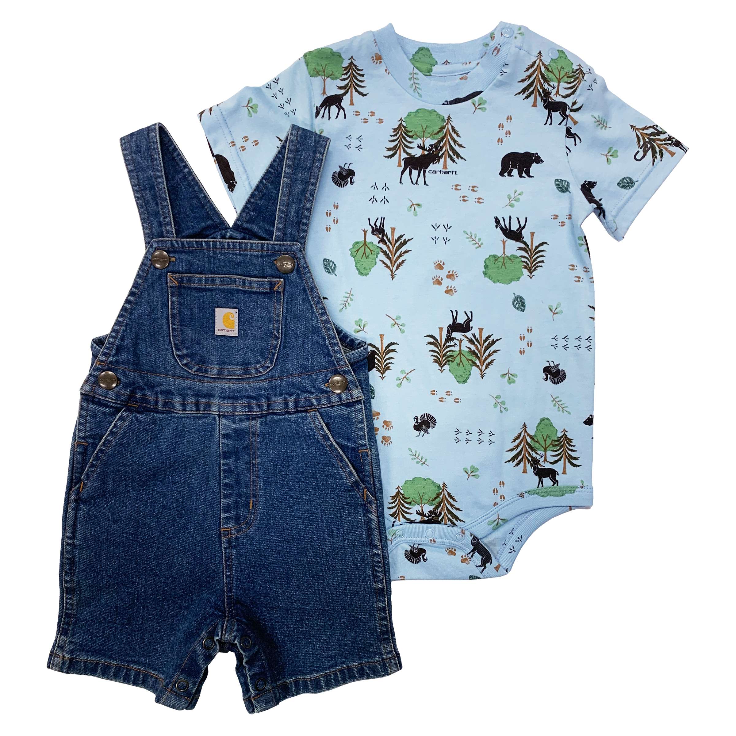 Carhartt Boys' Two-Piece Short-Sleeve Printed Bodysuit & Denim Shortall Set (Infant)