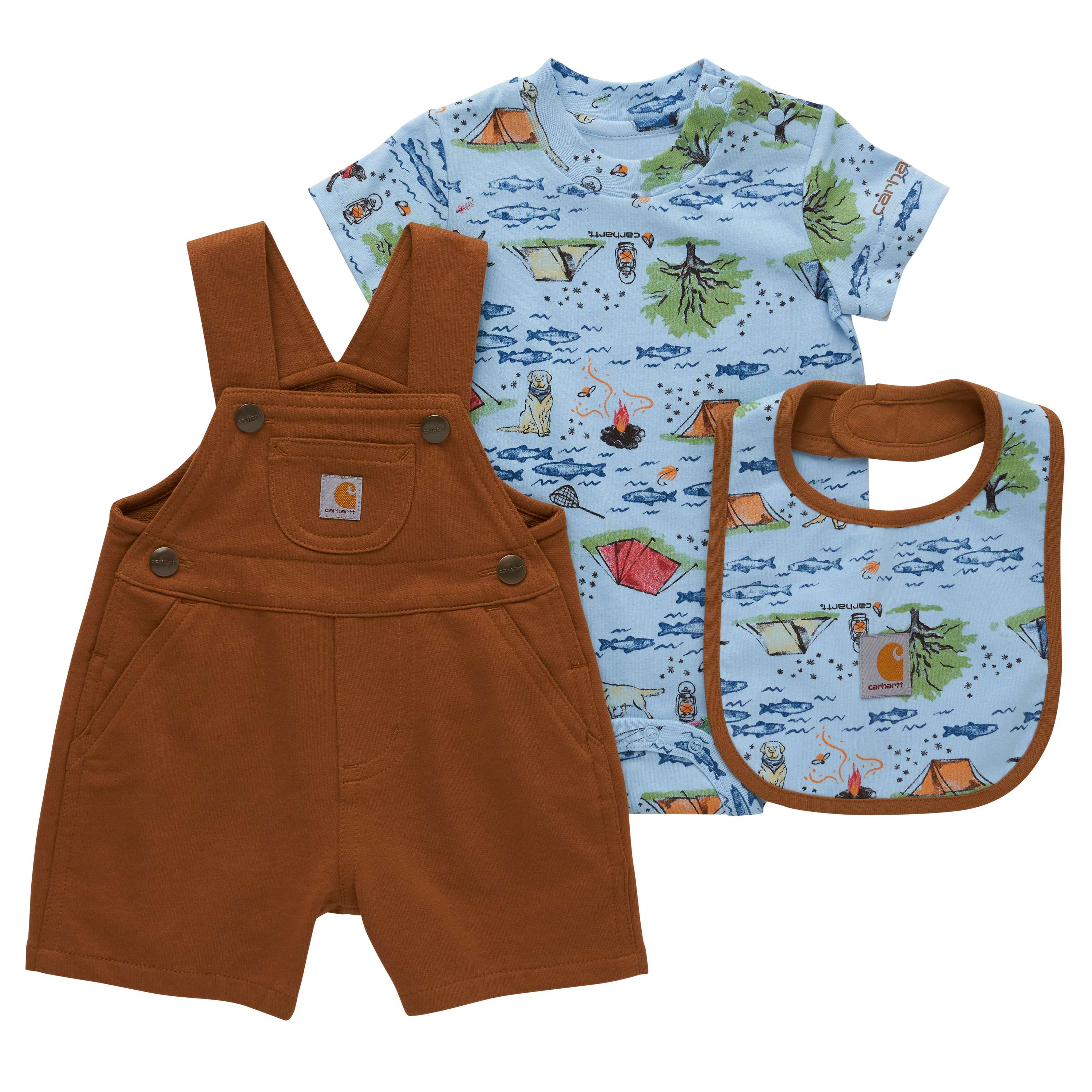 Carhartt Boys' Three-Piece Short-Sleeve Bodysuit, Shortall & Bib Set (Infant)