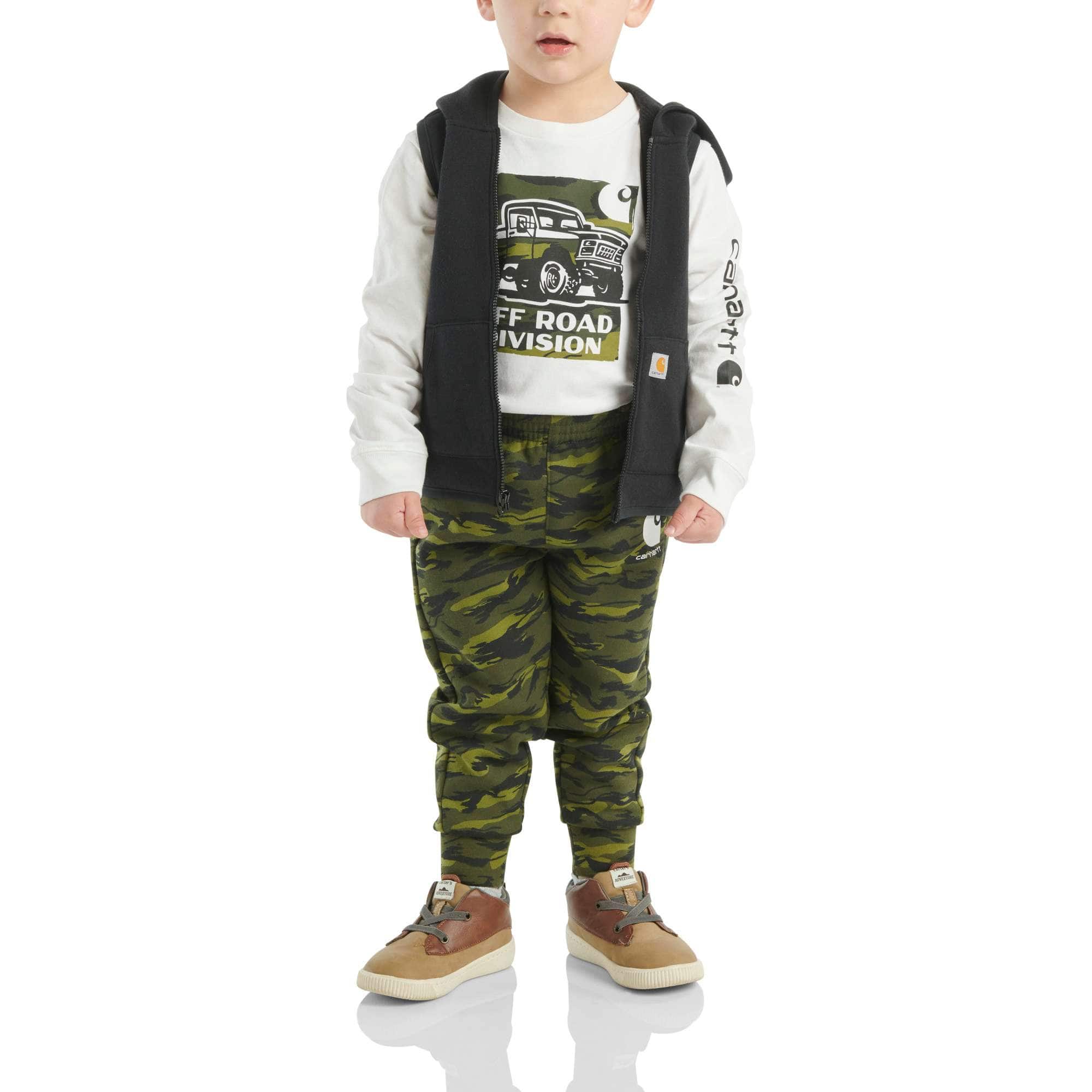 Carhartt Boys' Long Sleeve T-Shirt, Zip-Front Vest & Camo Pant 3pc Set (Toddler)
