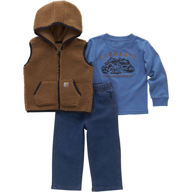 Carhartt  Denim Medium Wash Boys' Long-Sleeve T-Shirt Sherpa Vest Denim Printed Set (Infant)