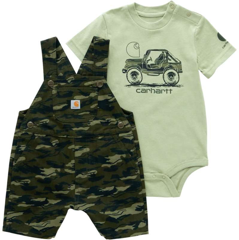 Carhartt  Olive Boys'  2-Piece Short Sleeve Bodysuit & Canvas Printed Camo Shortall Set  (Infant)