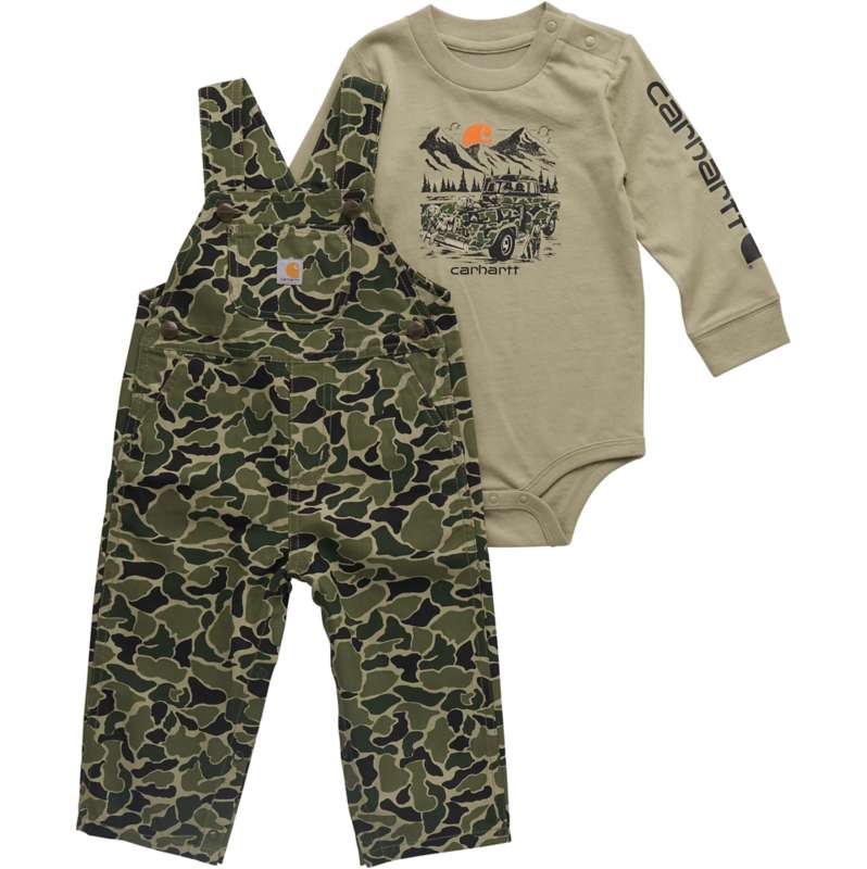 Carhartt  Green Duck Camo Boys' 2-Piece Long Sleeve Bodysuit & Canvas Overall Set (Baby)