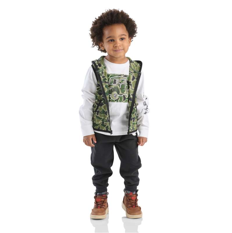 Carhartt  Green Duck Camo Boys' 3-Piece Camo Vest, Long-Sleeve T-Shirt & Pant Set (Toddler)