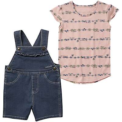 Carhartt Toddler girl Denim Medium Wash Girls' Short-Sleeve Daisy Chain Print T-Shirt & Denim Shortall Set