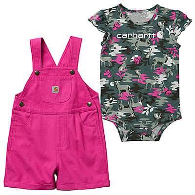 Carhartt Girls' Raspberry Camo/Raspberry/Black Girls' Short-Sleeve Deer Print Bodysuit & Canvas Shortall Set