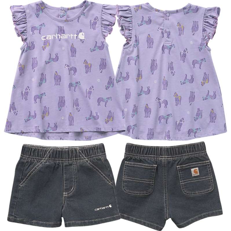 Carhartt  Denim Medium Wash Girls' Short-Sleeve Horse Print Shirt & Denim Shorts Set