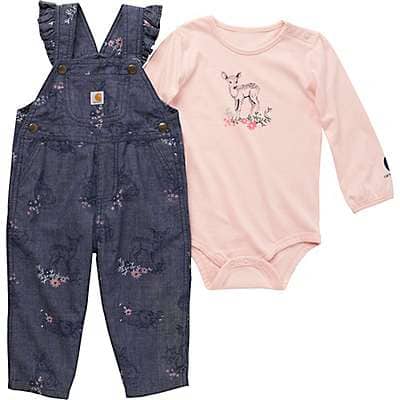 Carhartt Infant girl Chambray Girls' Long-Sleeve Flower Deer Print Bodysuit and Ruffle Trim Chambray Overall 2-Piece Set (Infant)