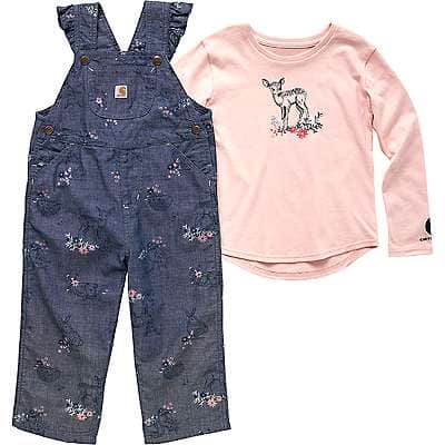 Carhartt Toddler girl Chambray Girls' Long-Sleeve Flower Deer Print T-Shirt and Ruffle Trim Chambray Overall 2-Piece Set (Toddler)