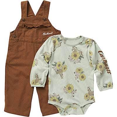 Carhartt Infant girl Carhartt Brown Girls' Long-Sleeve Sunflower Horse Print Bodysuit and Canvas Overall 2-Piece Set