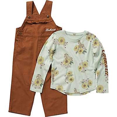 Carhartt Toddler girl Carhartt Brown Girls' Long-Sleeve Sunflower Horse Print T-Shirt and Canvas Overall 2-Piece Set (Toddler)