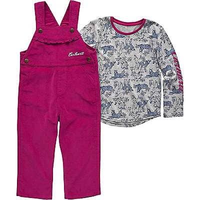 Carhartt Toddler girl Raspberry Girls' Long-Sleeve Pumpkin Farm Print T-Shirt and Corduroy Overall 2-Piece Set (Toddler)