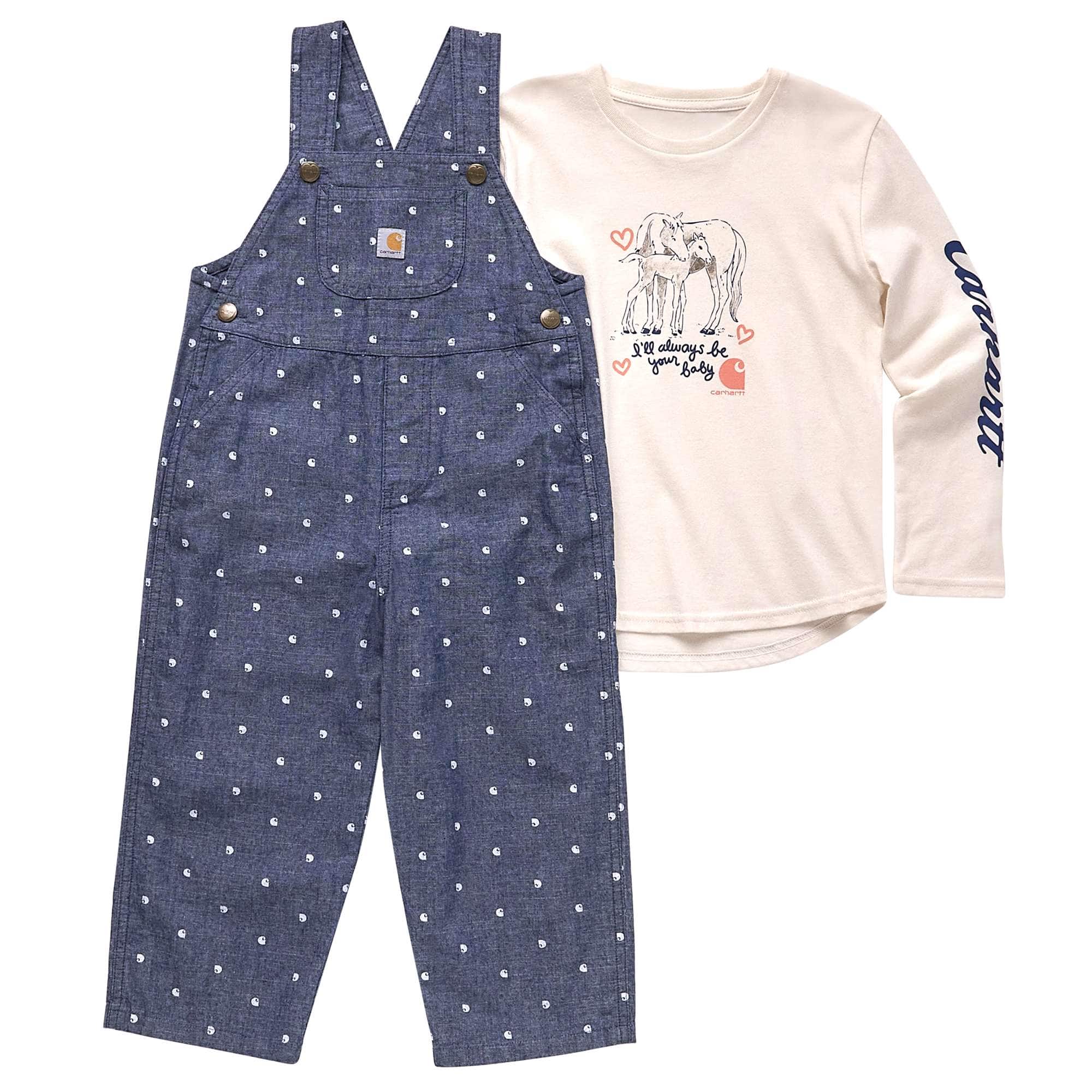 Carhartt Toddler girl Medium Wash Girls' Long-Sleeve T-Shirt and Print Chambray Overalls Set (Toddler)