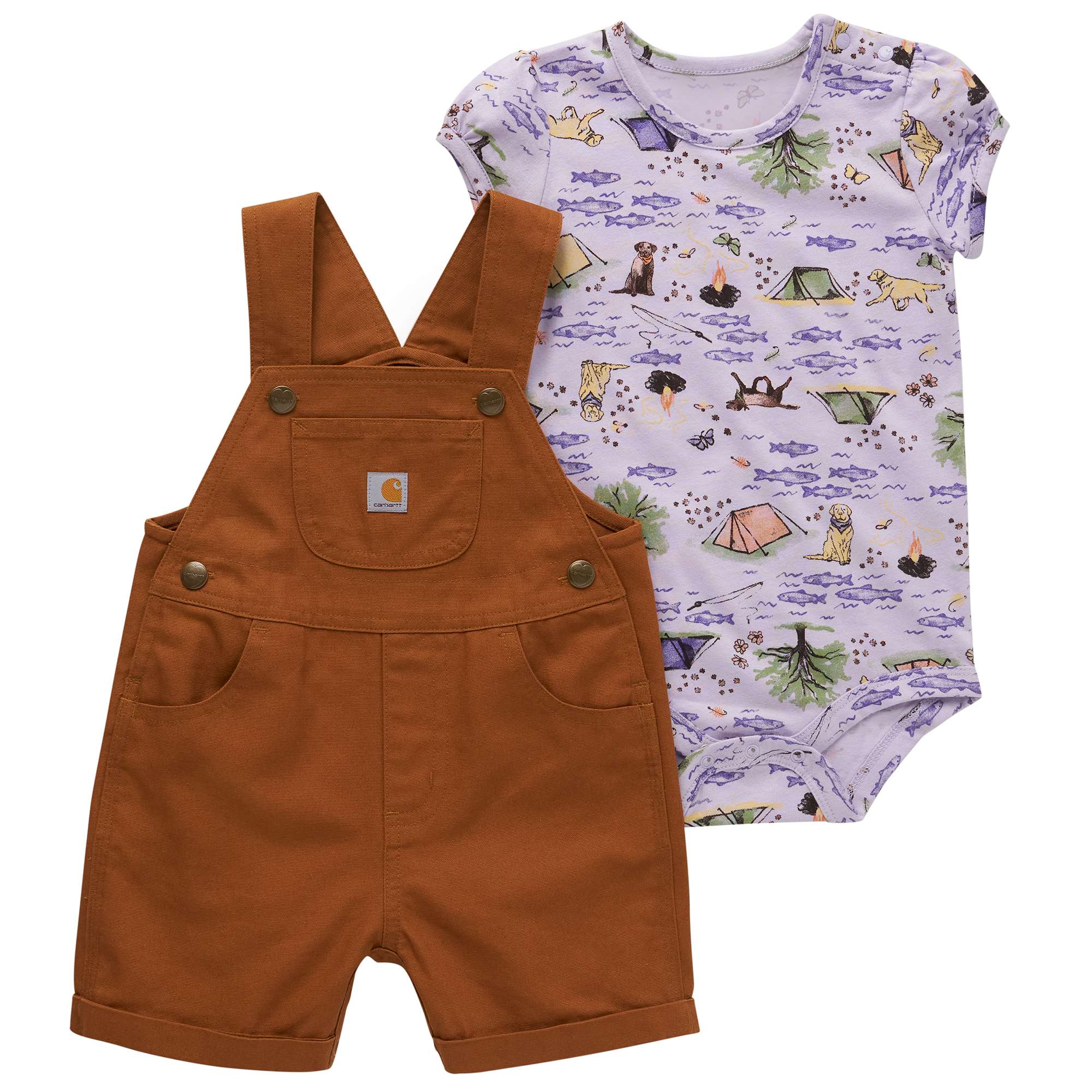 Carhartt Girls' Two-Piece Short-Sleeve Printed Bodysuit & Canvas Shortall (Infant)