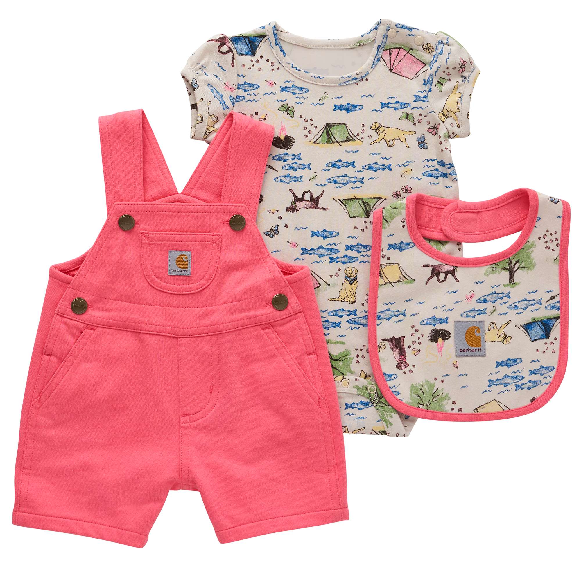 Carhartt Girls' Three-Piece Short-Sleeve Bodysuit, Shortall, & Food Bib Set (Infant)