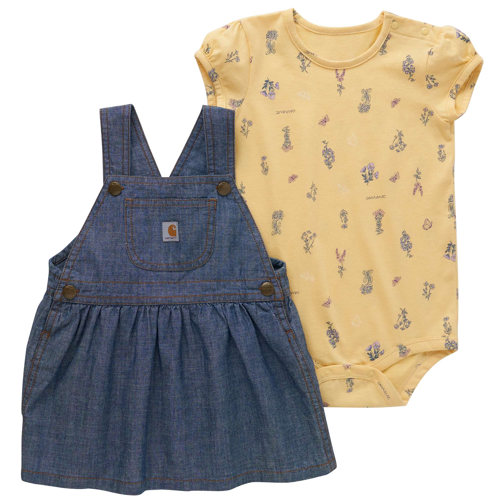Carhartt Girls' Two-Piece Short-Sleeve Printed Bodysuit & Denim Jumper Set (Infant)