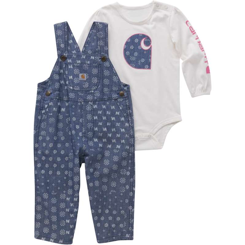 Carhartt  Denim Medium Wash Girls' Long-Sleeve Bodysuit & Printed Chambray Overall Set (Infant)