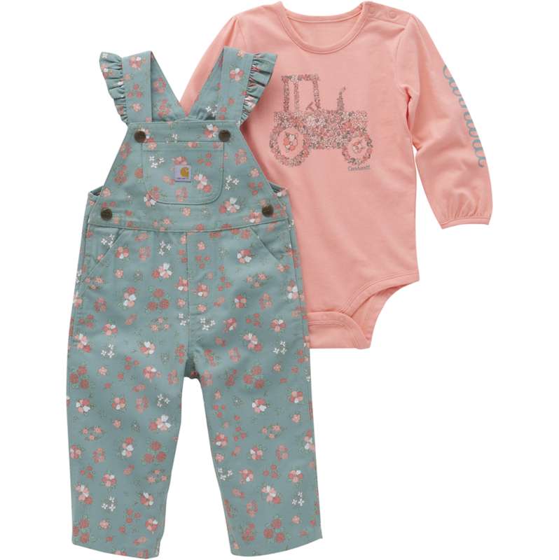 Carhartt  Patina Girls' Long-Sleeve Bodysuit Ruffle Trim Canvas Overall Set (Infant)