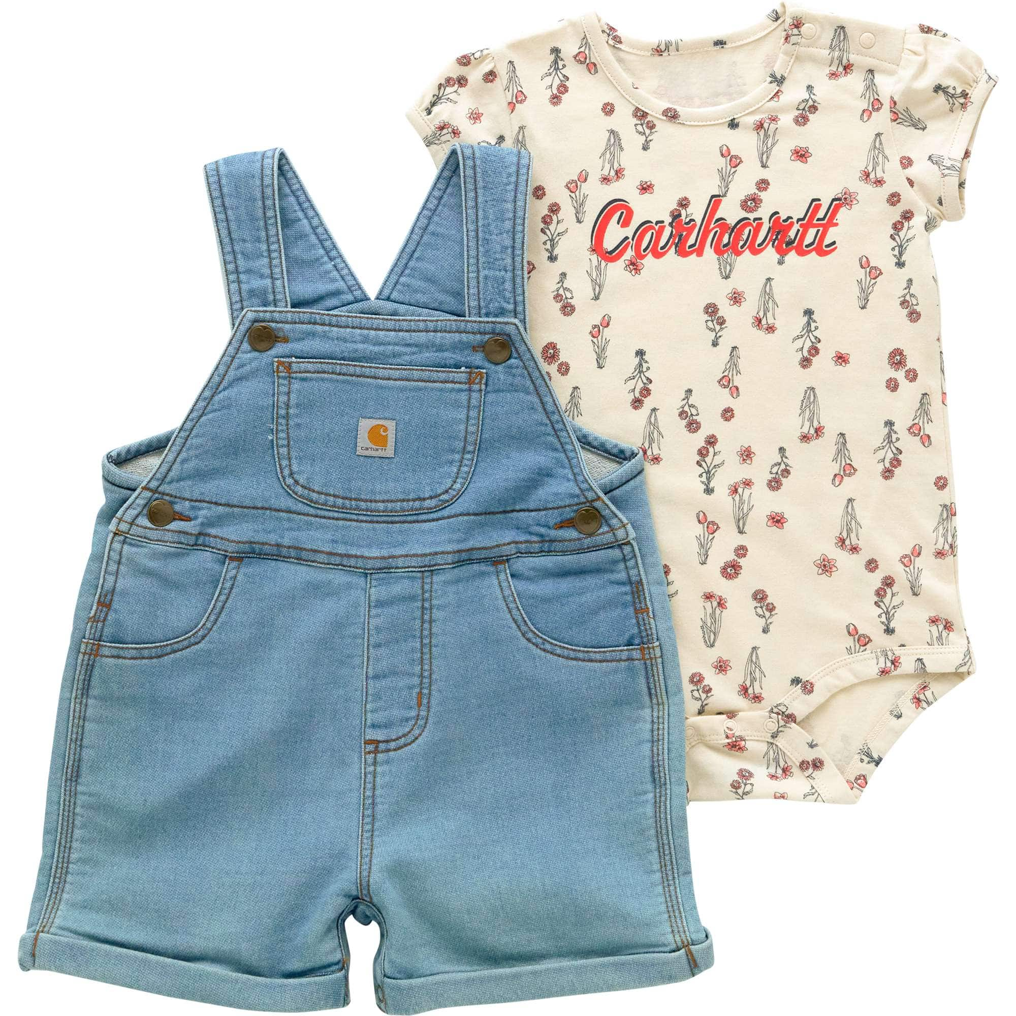 Additional thumbnail 1 of Girls' 2-Piece Short Sleeve Floral Bodysuit & Denim Shortall Set (Infant)