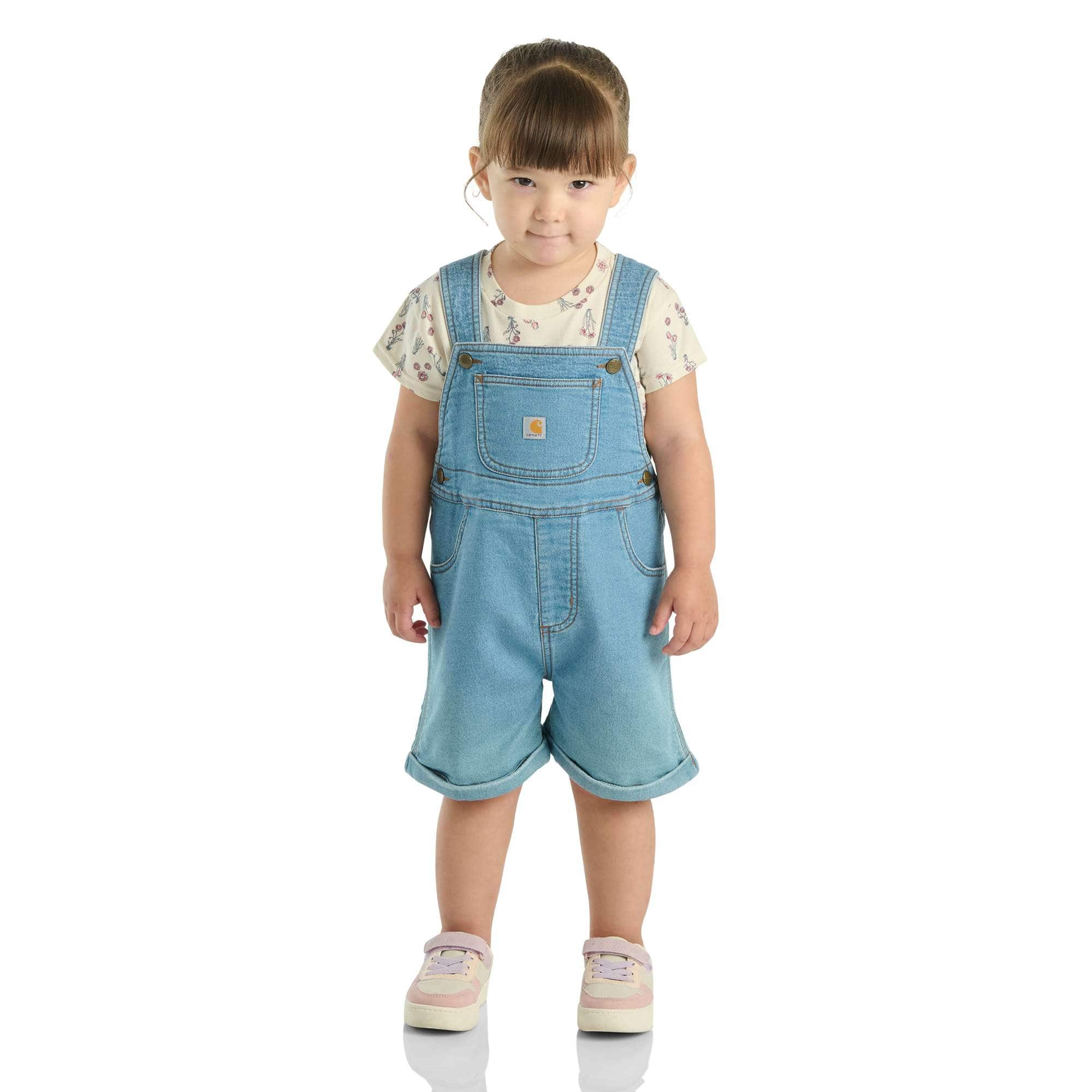 Additional thumbnail 1 of Girls' 2-Piece Short Sleeve Floral T-shirt & Denim Shortall Set (Toddler)