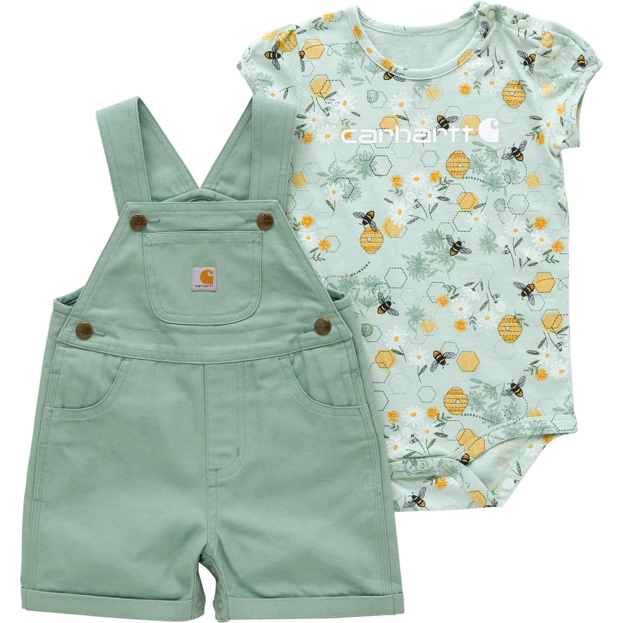 Additional thumbnail 1 of Girls'  2-Piece Short Sleeve Bee Bodysuit & Canvas Shortall Set (Infant)