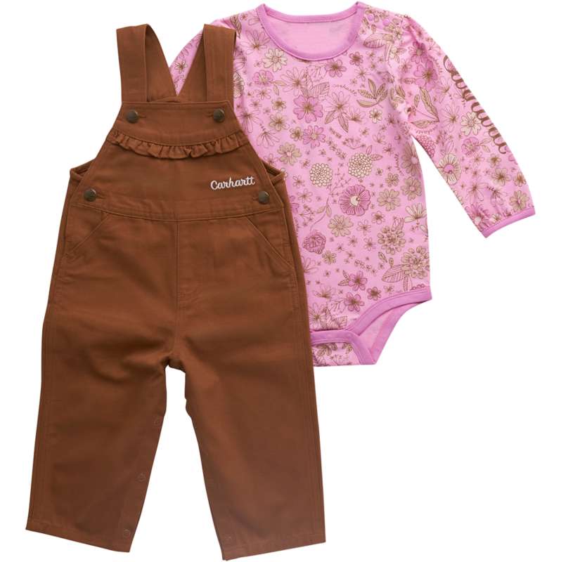 Carhartt  Carhartt Brown Girls' 2-Piece Long Sleeve Floral Bodysuit & Canvas Overall Set (Baby)