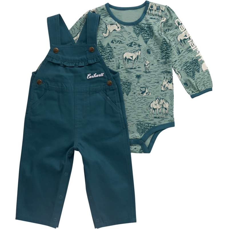 Carhartt  Greenstone Girls' 2-Piece Long Sleeve Bodysuit & Canvas Overall Set (Baby)