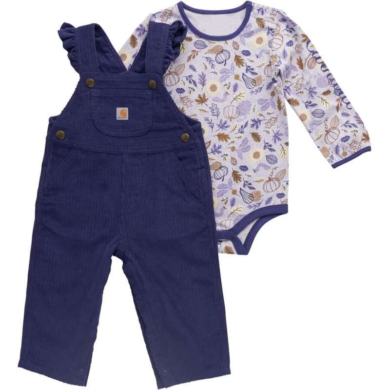 Carhartt  Deep Ocean Girls' 2-Piece Long Sleeve Bodysuit & Ruffle Trim Corduroy Overall Set (Baby)