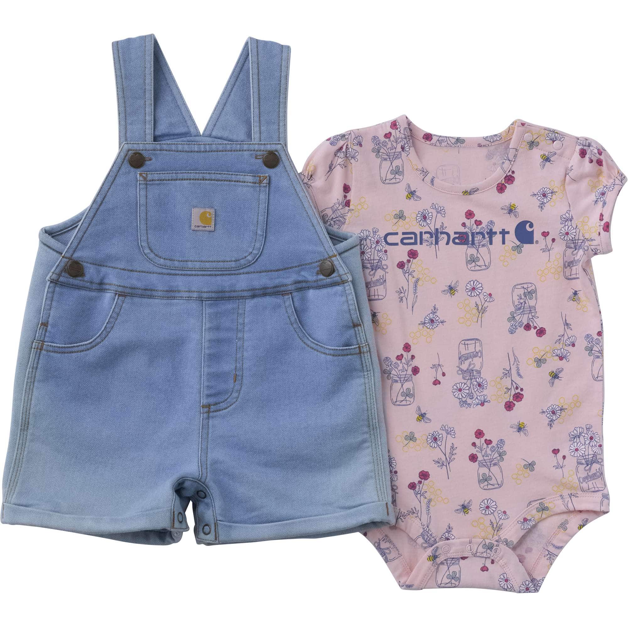Carhartt Girls' 2-Piece Short Sleeve Bee Print Bodysuit & Denim Shortall Set (Baby)